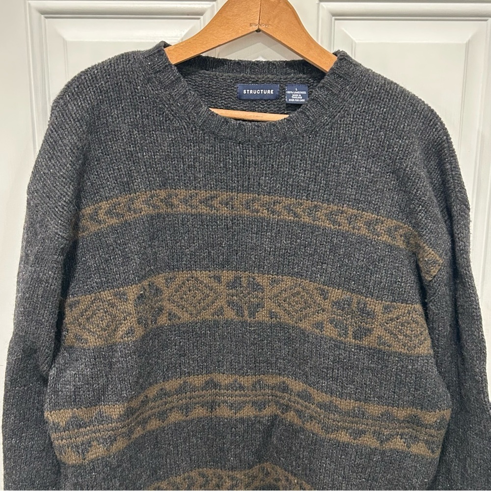 Vintage Structure Mens Gray/Tan Wool Crew Neck Fair Isle Nordic Sweater, Sz L